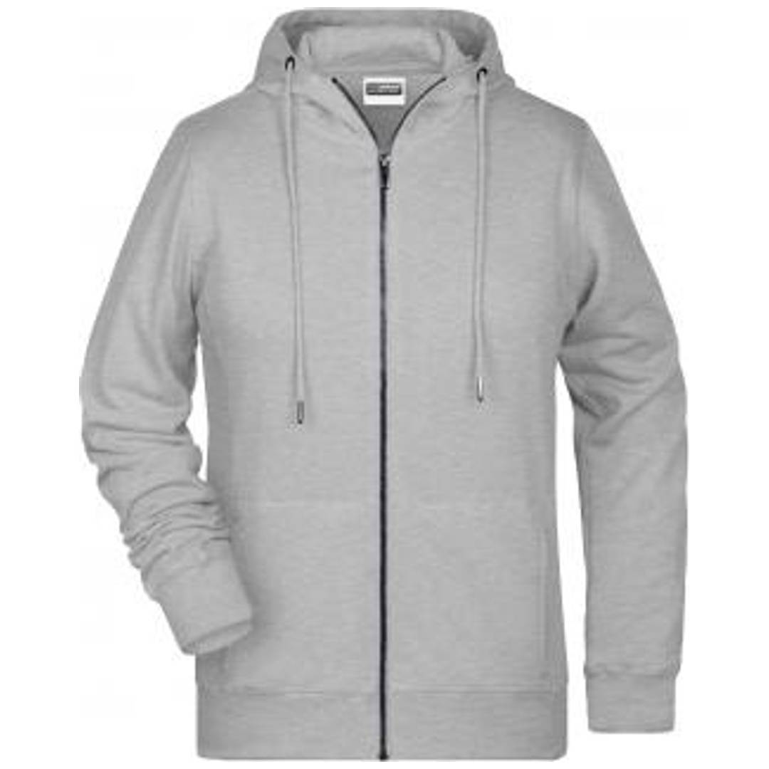 Hellgrauer Reißverschluss-Hoodie mit Kordelzug-Kapuze, vorderen Taschen und langen Ärmeln auf einfachem weißem Hintergrund.