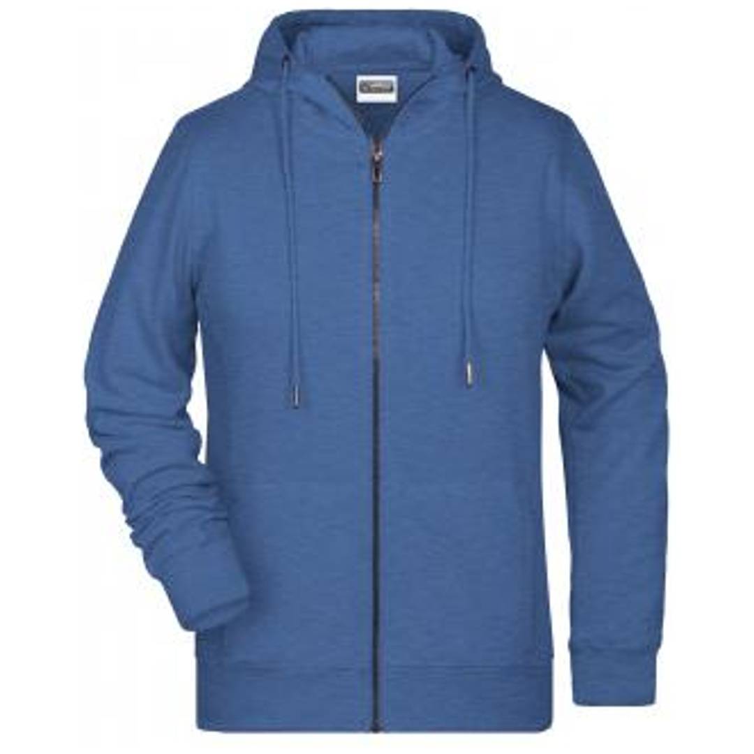 Blauer Kapuzenpullover mit Reißverschluss und Kordelzügen, Vorderansicht auf einfachem weißem Hintergrund.