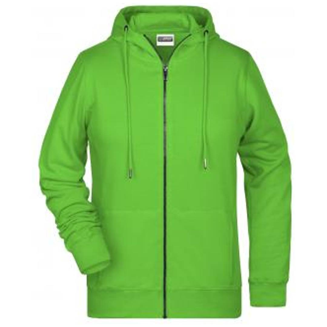 Leuchtend grünes Kapuzen-Sweatshirt mit Reißverschluss und Kordelzügen auf weißem Hintergrund.