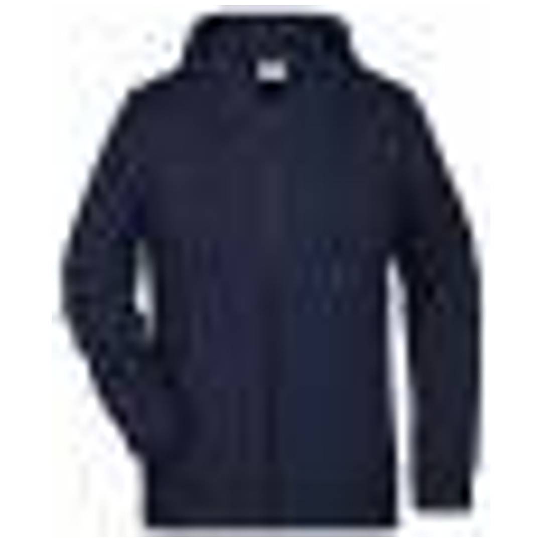 Dunkelblauer Kapuzenpullover oder Jacke mit langen Ärmeln und hohem Kragen, Vorderansicht auf einfachem weißem Hintergrund.