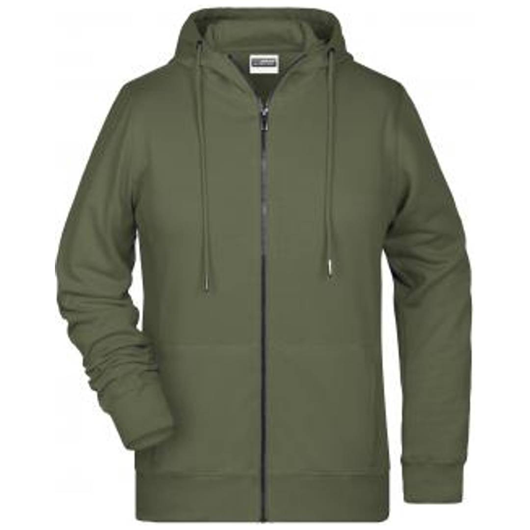 Olivgrünes Reißverschluss-Hoodie mit Tunnelzug, Vorderansicht auf einfachem Hintergrund.