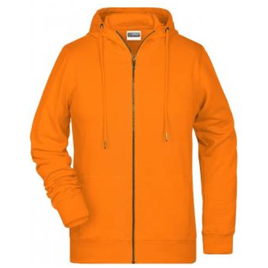 Leuchtend oranges Kapuzen-Sweatshirt mit Reißverschluss und Kordelzügen, Vorderansicht auf einfachem weißem Hintergrund gezeigt.