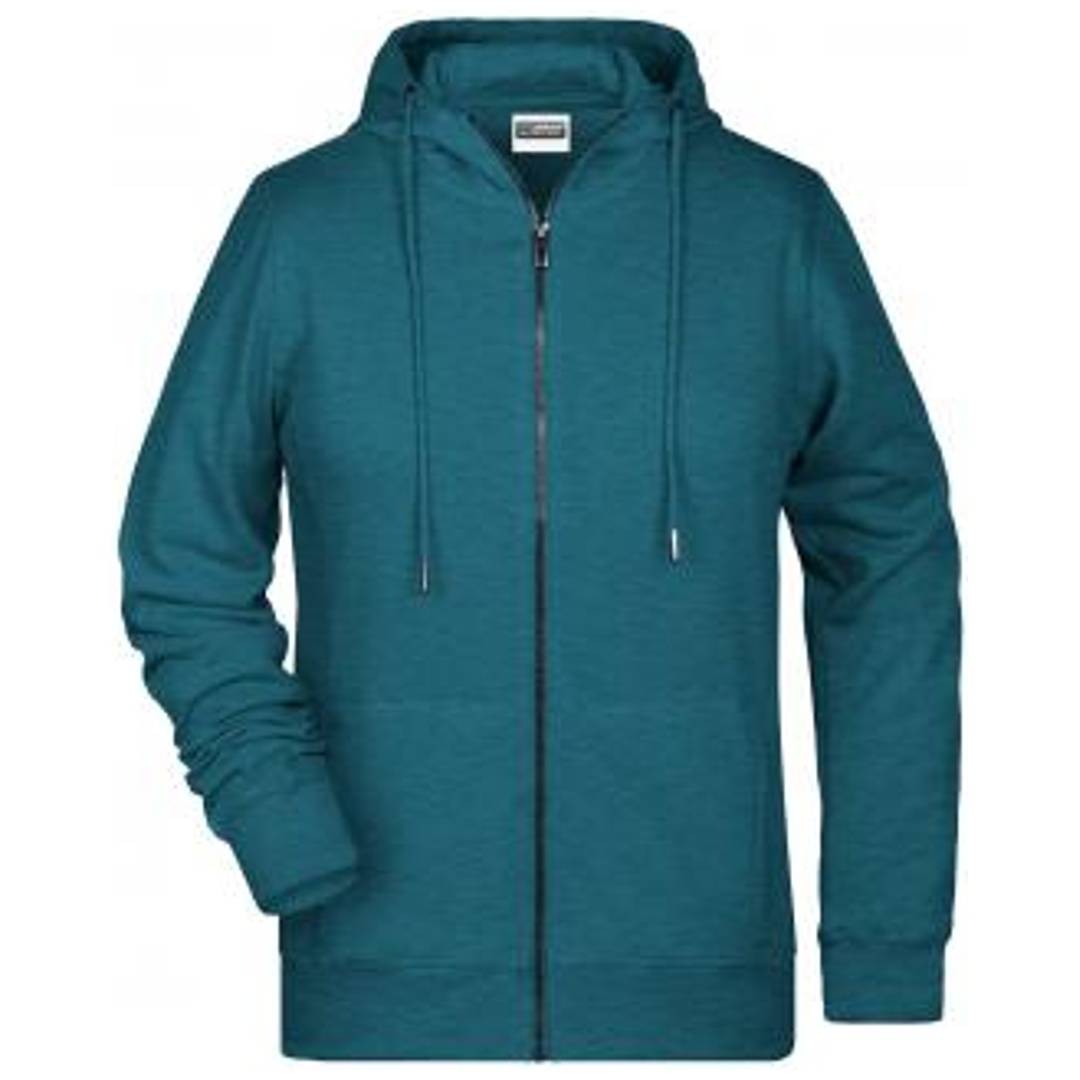 Petrolblaues Kapuzen-Sweatshirt mit Reißverschluss, langen Ärmeln und Kordelzügen, Vorderansicht auf weißem Hintergrund.