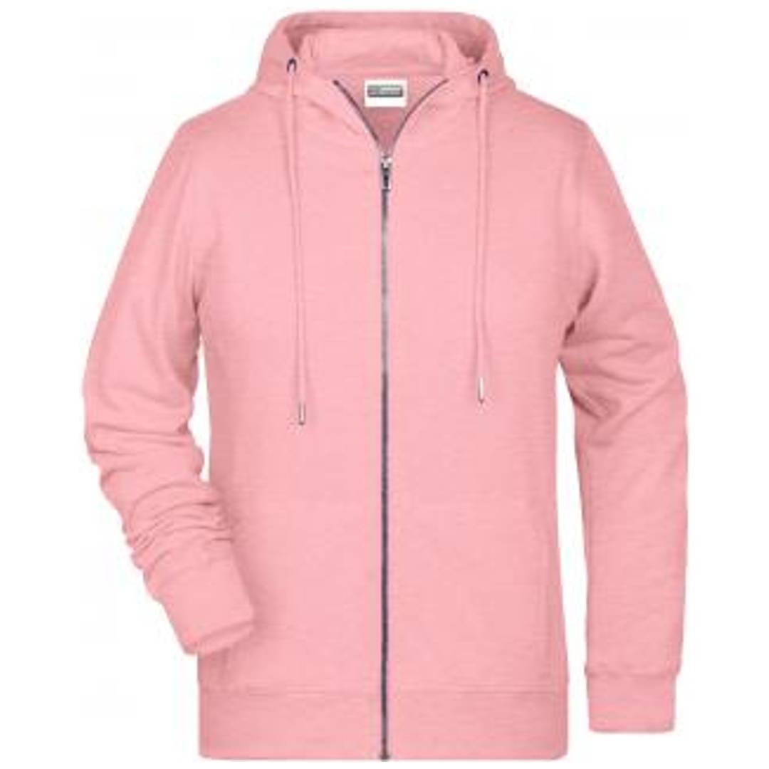 Rosa Kapuzenpullover mit Reißverschluss und Kordelzügen, Vorderansicht auf einfachem weißem Hintergrund.