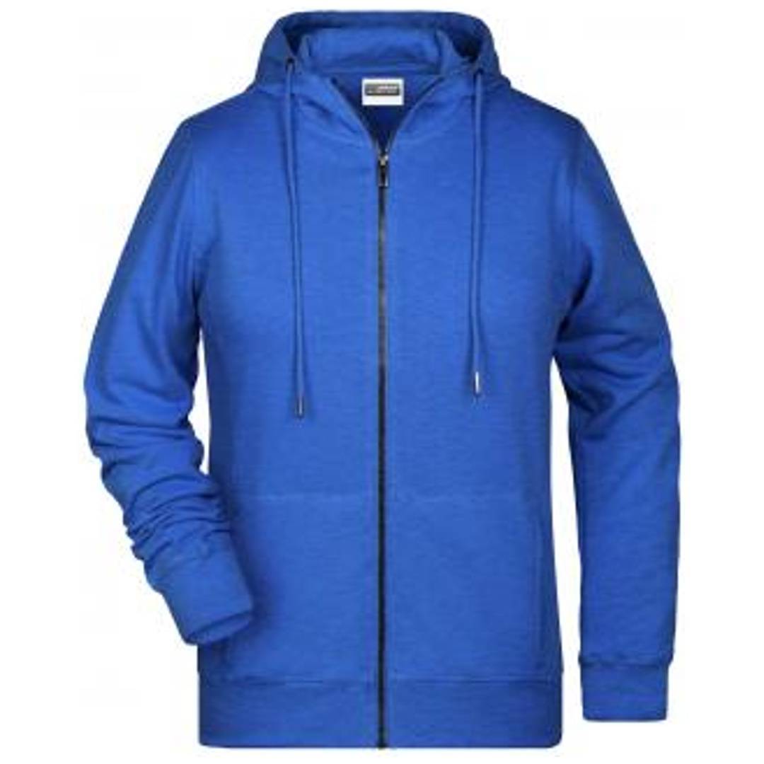 Blauiger Reißverschluss-Hoodie mit Kordelzügen, Vorderansicht auf weißem Hintergrund dargestellt.