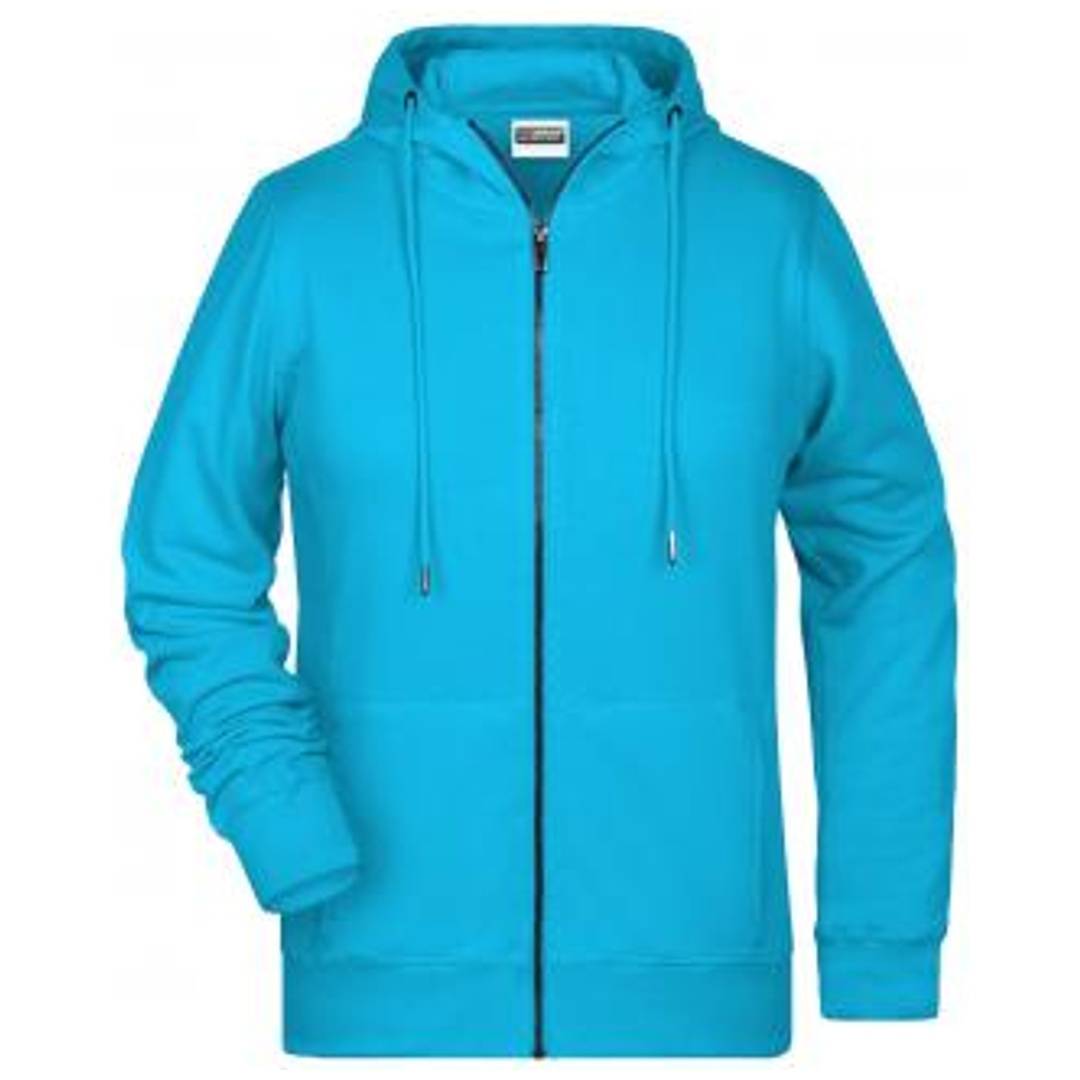 Leuchtend blaues Zip-Kapuzensweater mit Kordelzügen, Vorderansicht auf weißem Hintergrund dargestellt.