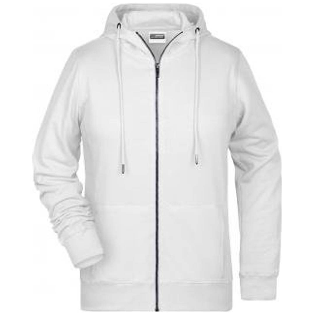Weißer Hoodie mit Reißverschluss, langen Ärmeln und Kordelzug-Kapuze, Vorderansicht auf neutralem Hintergrund.