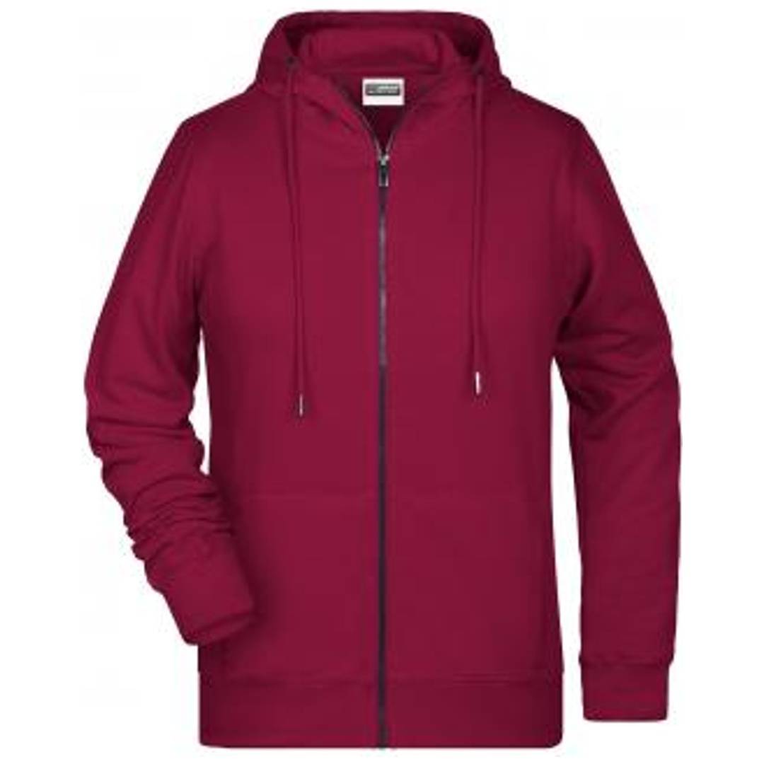 Burgunderroter Reißverschluss-Hoodie mit Kordelzug-Kapuze und vorderen Taschen, gezeigt vor einem schlichten weißen Hintergrund.