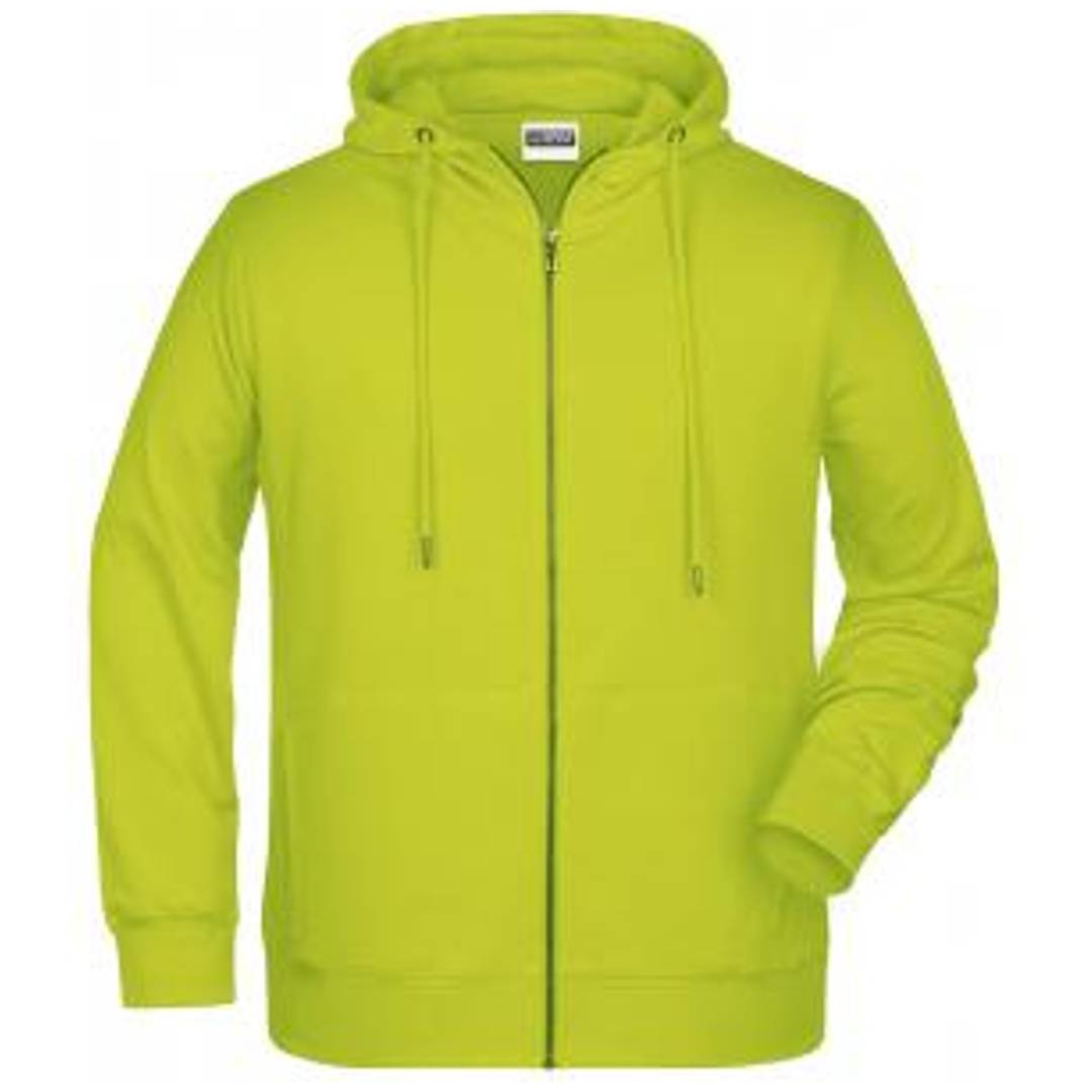 Leuchtend lime-grüner Reißverschluss-Hoodie mit Kordelzug-Kapuze und langen Ärmeln, frontal auf weißem Hintergrund gezeigt.