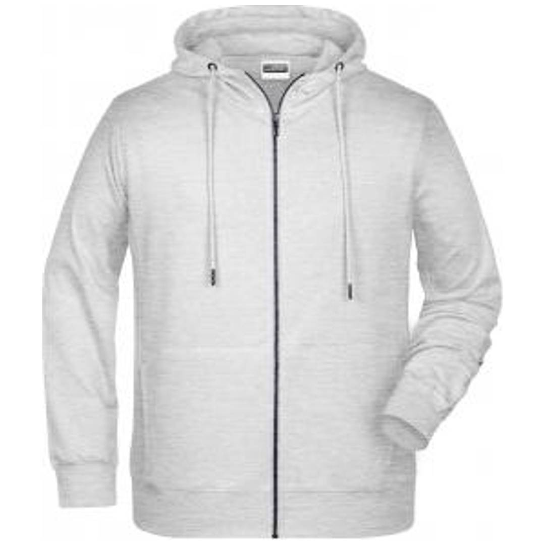 Hellgrauer Zip-Hoodie mit Kordelzug und vorderen Taschen, Vorderansicht auf weißem Hintergrund.