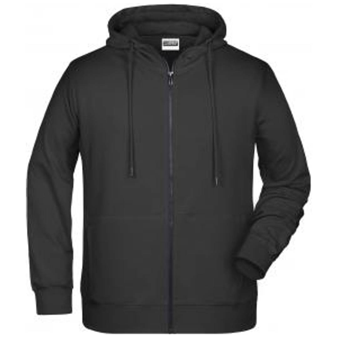 Schwarzer Kapuzenpullover mit Reißverschluss, Zugschnüre an der Kapuze und vorderen Taschen, Vorderansicht auf einfachem Hintergrund.