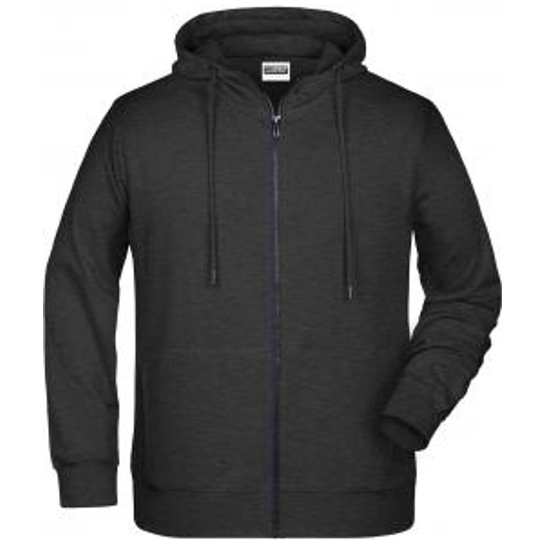 Schwarzer Kapuzenpullover mit Reißverschluss und Zugbändern, Vorderansicht auf weißem Hintergrund.