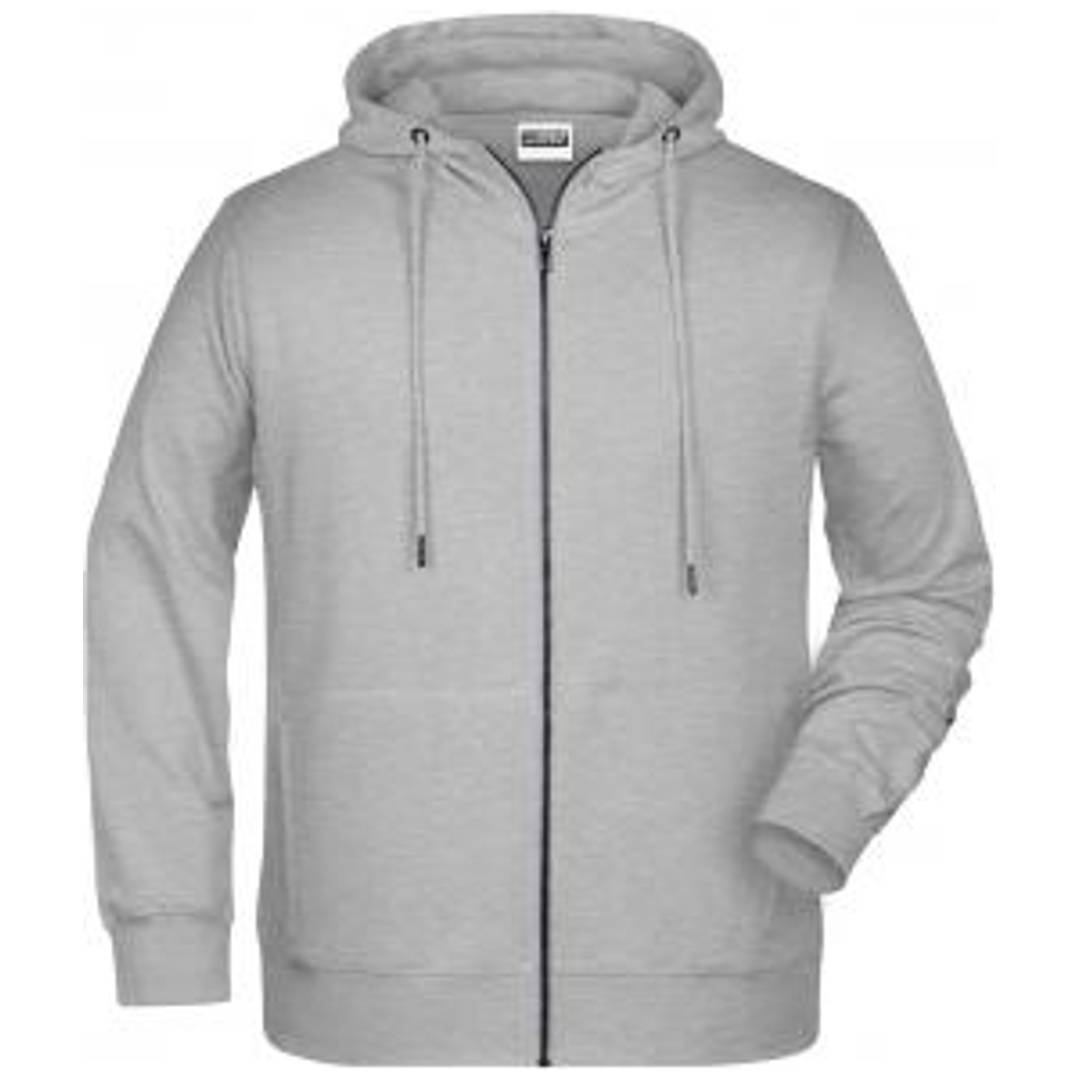 Hellgraues Reißverschluss-Kapuzenpullover mit Kordelzug-Kapuze und langen Ärmeln, Vorderansicht auf weißem Hintergrund.