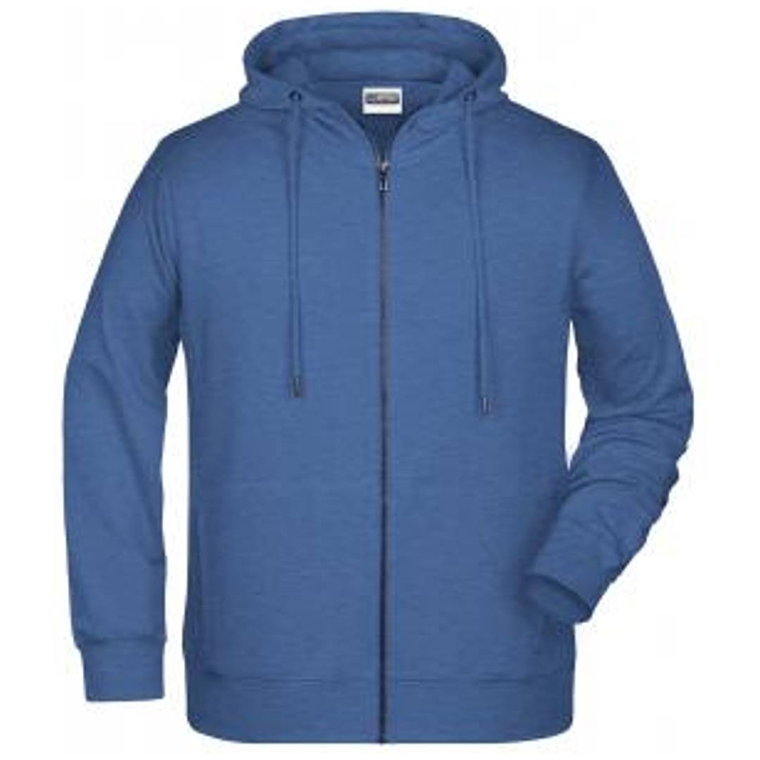 Blauer Kapuzenpullover mit Reißverschluss und Kordelzügen, von vorne auf weißem Hintergrund abgebildet.