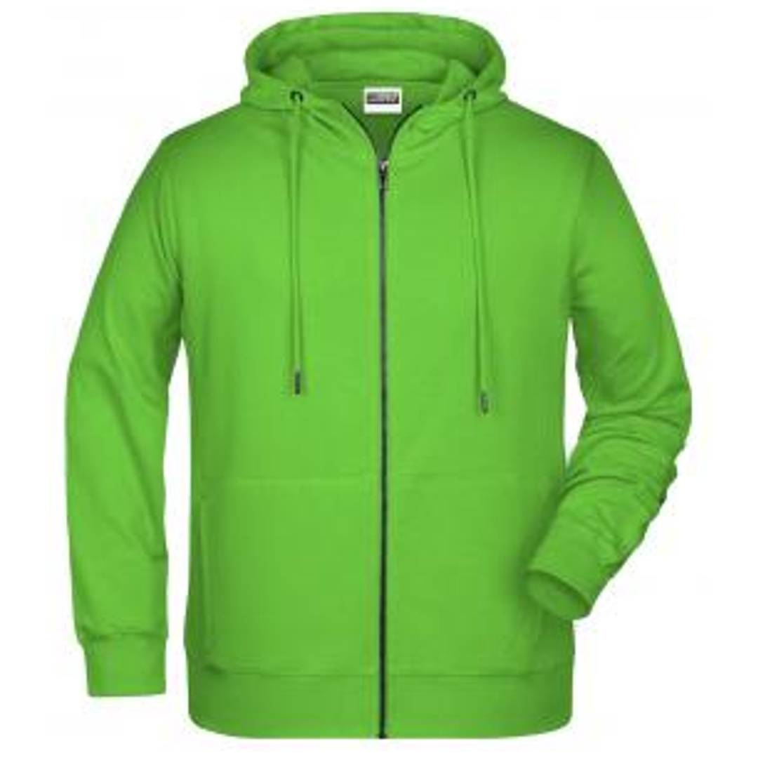 Hellgrünes Kapuzen-Sweatshirt mit Reißverschluss und Kordelzügen, Vorderansicht auf weißem Hintergrund gezeigt.