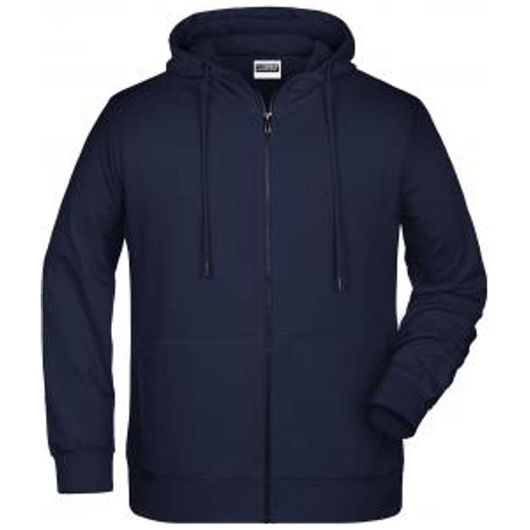 Marineblaue Kapuzenjacke mit Reißverschluss, Kordelzügen und vorderen Taschen, vor weißem Hintergrund abgebildet.