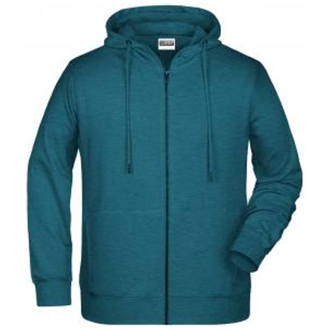Gezipte Kapuzensweater in Teal-Farbe mit Zugkordeln, von vorne auf einfach weißem Hintergrund dargestellt.