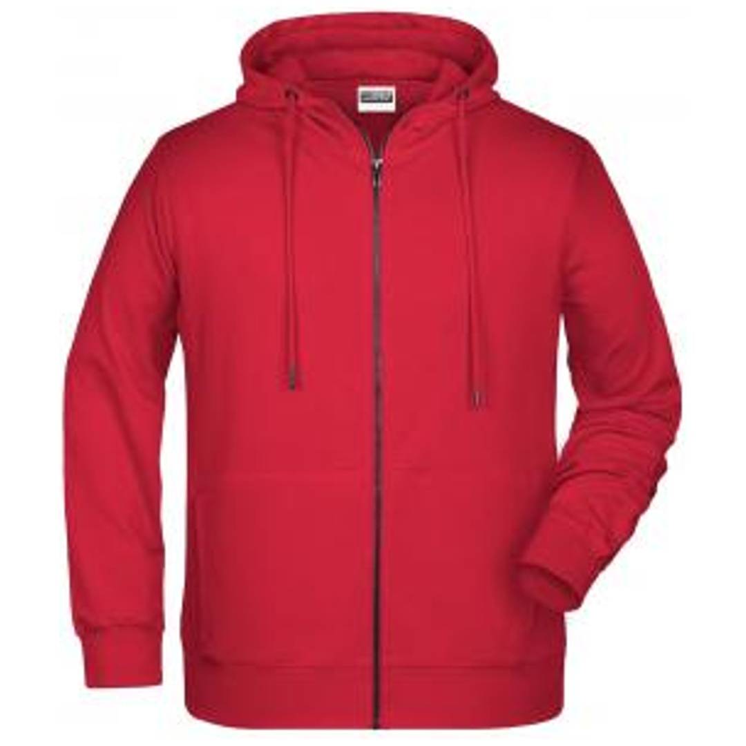 Rotes Reißverschluss-Kapuzensweatshirt mit Kordelzügen, Vorderansicht auf einfachem weißem Hintergrund dargestellt.