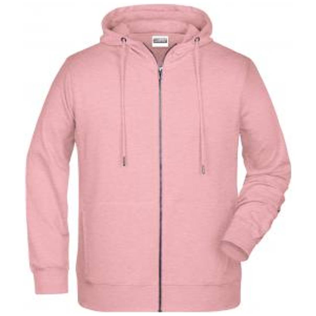 Rosa Reißverschluss-Hoodie mit Kordelzügen, Vorderansicht auf weißem Hintergrund gezeigt.