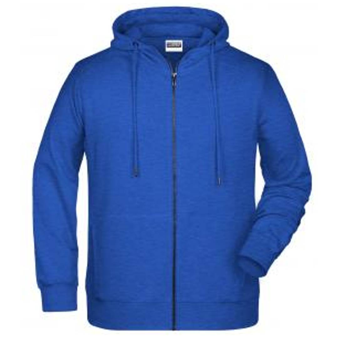 Blauer Kapuzenpullover mit Reißverschluss und Kordelzügen, Vorderansicht auf neutralem Hintergrund dargestellt.