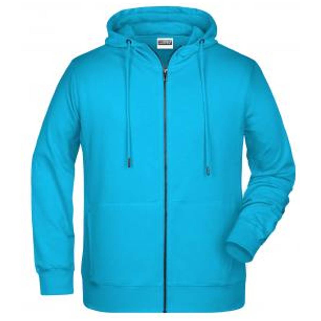 Blauer Kapuzenpullover mit Reißverschluss und Kordelzügen, Vorderansicht auf neutralem Hintergrund gezeigt.