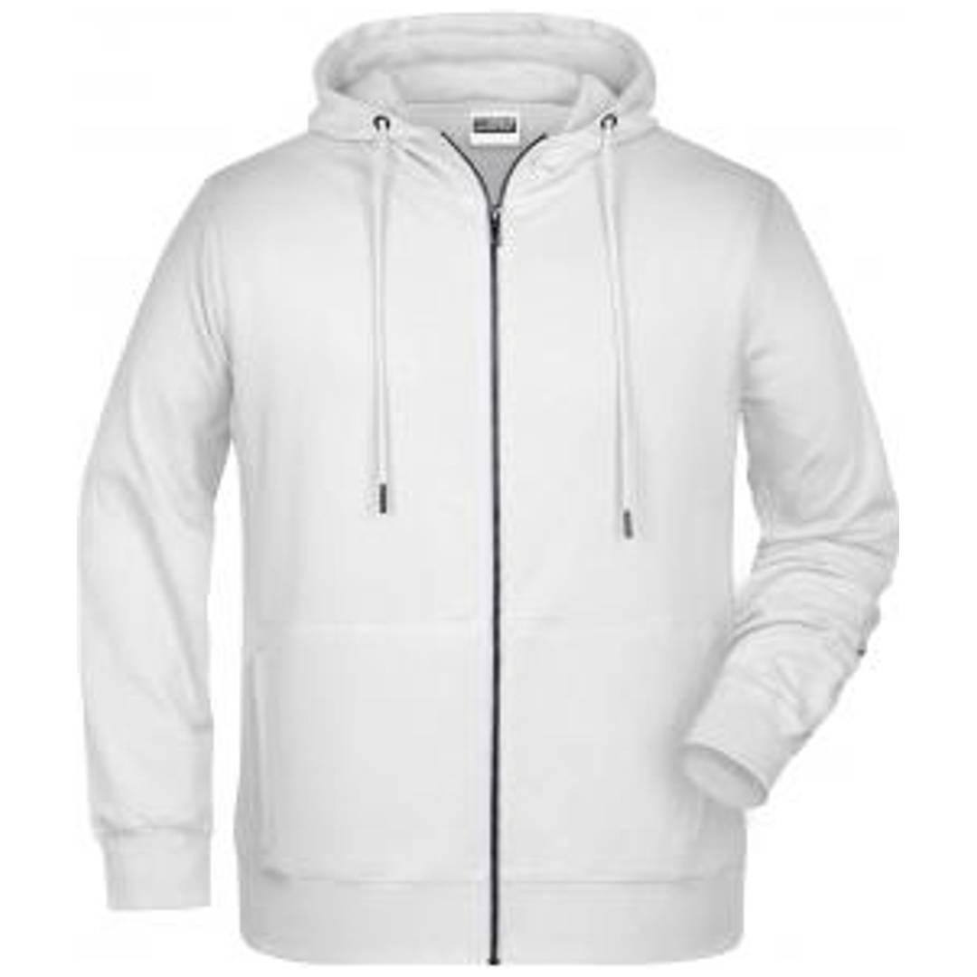 Weißes Kapuzensweater oder Jacke mit Reißverschluss auf einfachem Hintergrund.