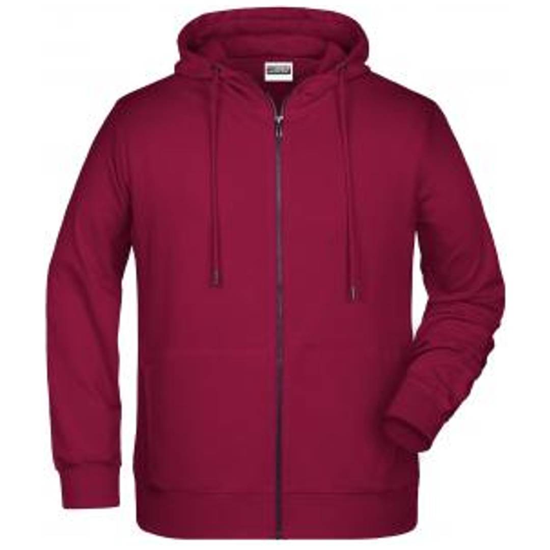Kastanienbraun gefärbter Reißverschluss-Hoodie mit Kordelzug-Kapuze und vorderen Taschen, frontal auf weißem Hintergrund abgebildet.