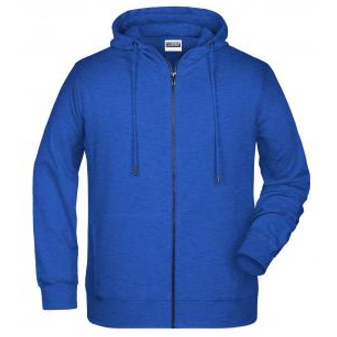 Blauer Reißverschluss-Kapuzenpullover mit Zugschnüren, Vorderansicht auf einfachem weißem Hintergrund dargestellt.