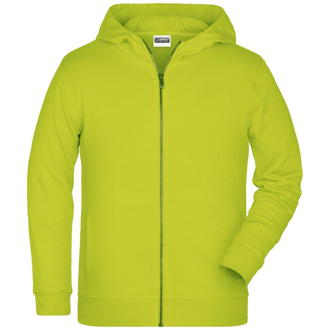 Limettengüner Kapuzenpullover mit Reißverschluss in Vorderansicht auf einfarbigem Hintergrund.