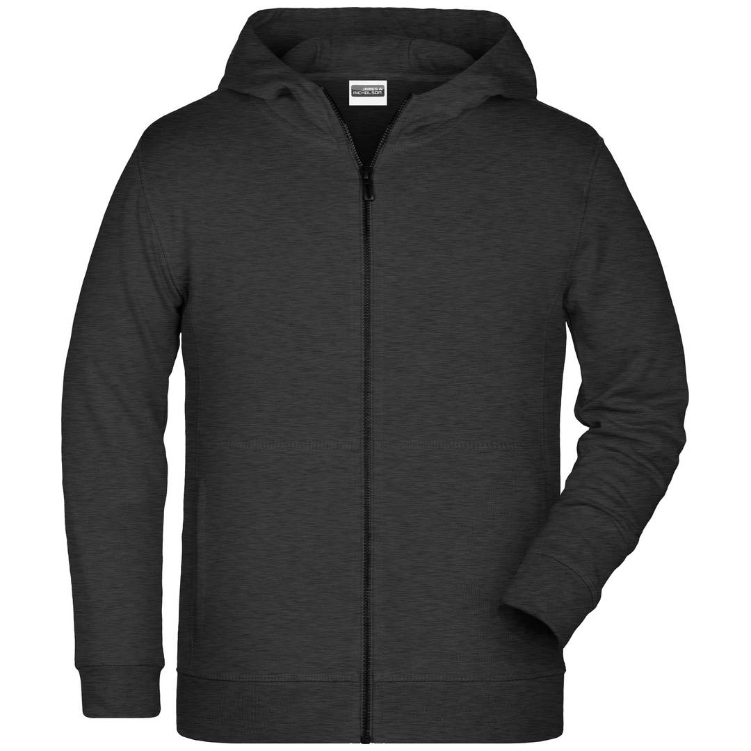 Dunkelgraues Kapuzen-Sweatshirt mit durchgehendem Reißverschluss und langen Ärmeln, Vorderansicht auf einfachem weißem Hintergrund gezeigt.