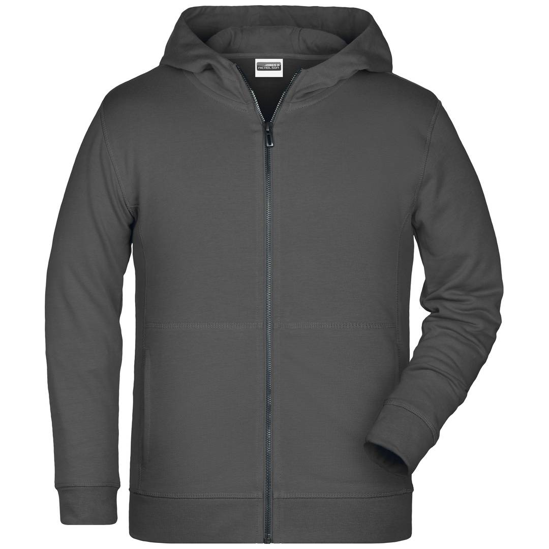 Dunkelgraues Kapuzen-Sweatshirt mit Reißverschluss und langen Ärmeln, Vorderansicht auf einfachem weißem Hintergrund.
