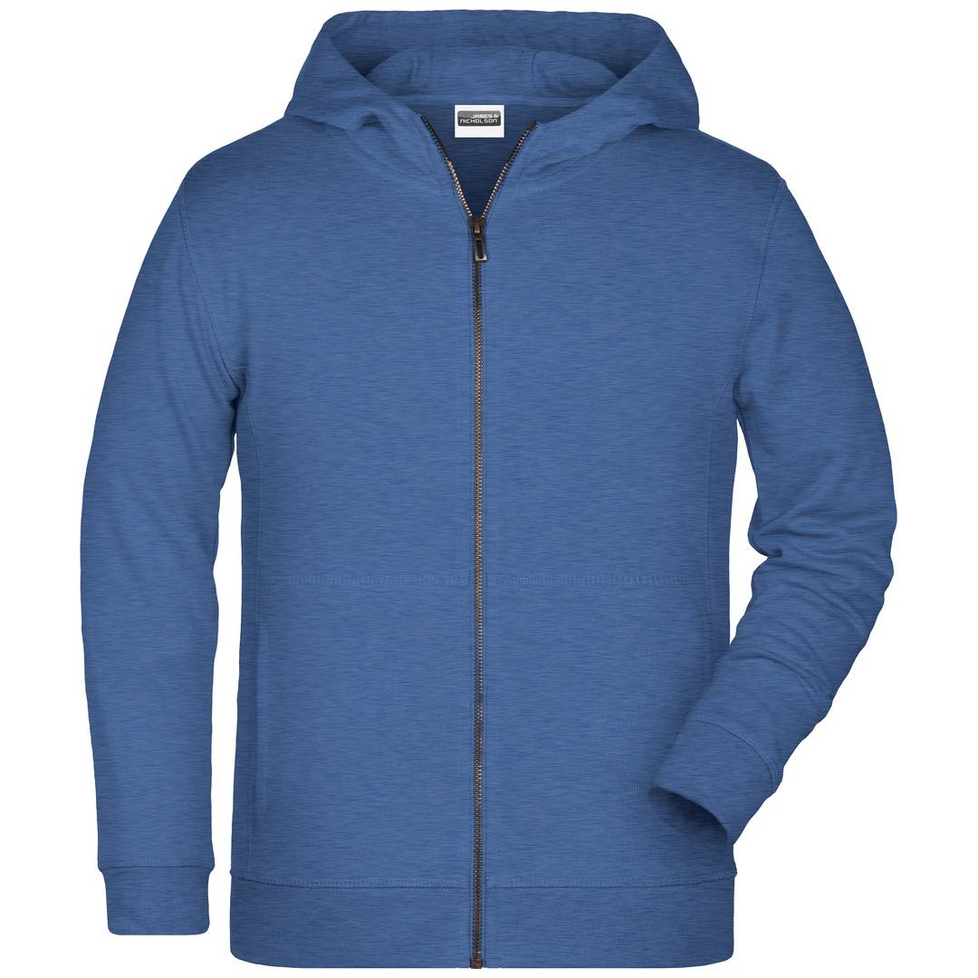 Blaugrauer Reißverschluss-Hoodie mit langen Ärmeln, Vorderansicht auf weißem Hintergrund.