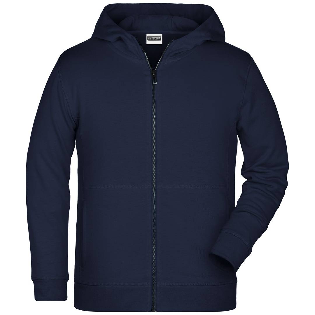 Marineblaues Kapuzen-Sweatshirt mit Reißverschluss vorne und langen Ärmeln, Frontansicht auf weißem Hintergrund dargestellt.