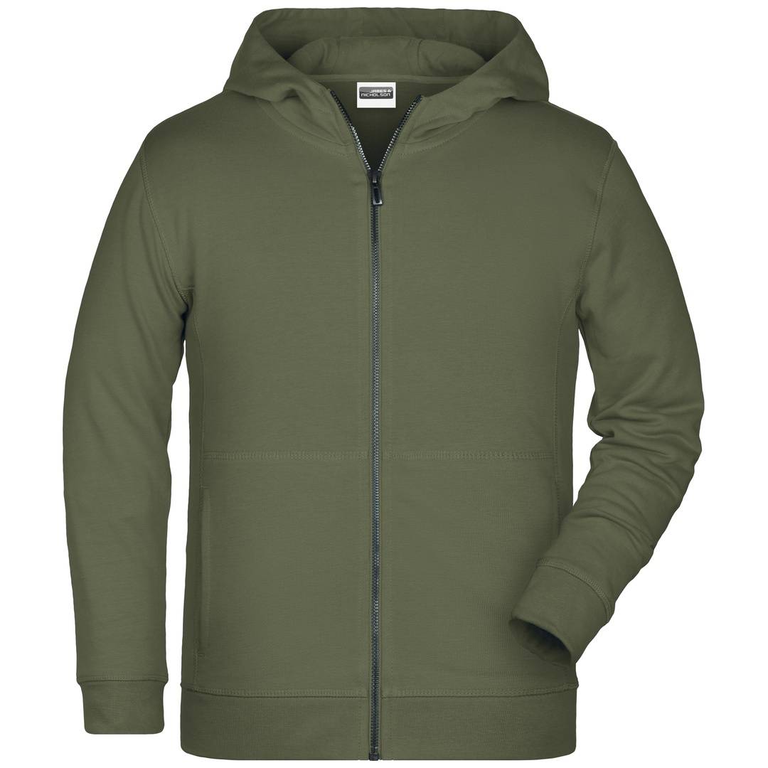 Olivgrüner Kapuzenpullover mit Reißverschluss, Kapuze und langen Ärmeln, Vorderansicht auf neutralem Hintergrund dargestellt.