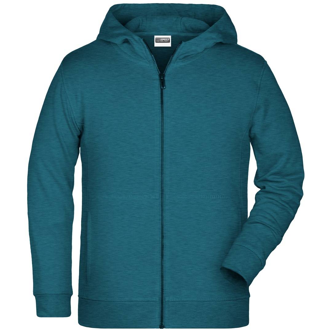 Petrolblauer Reißverschluss-Hoodie mit Kapuze, langen Ärmeln und vorderen Taschen, flach auf weißem Hintergrund dargestellt.