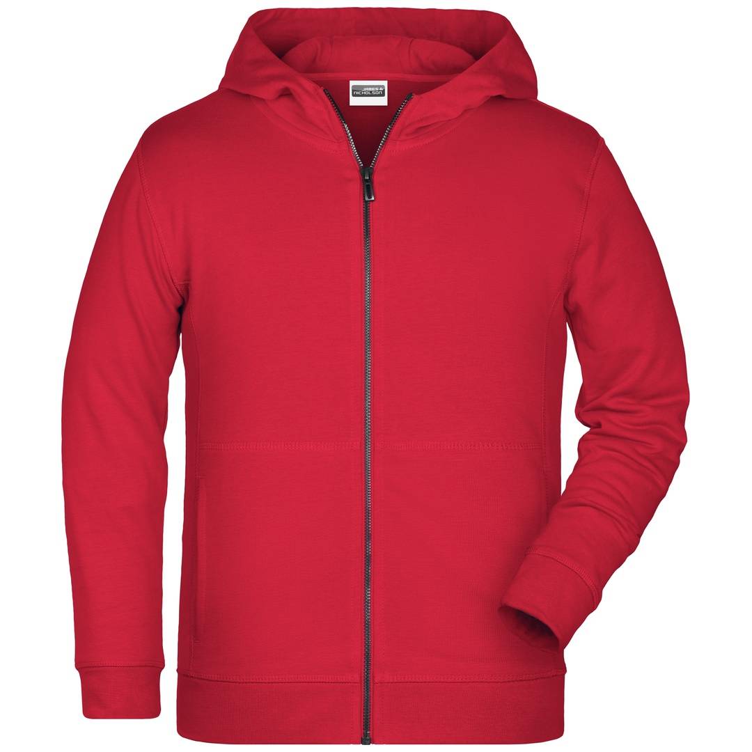 Roter Reißverschluss-Hoodie mit Kapuze, Vorderansicht auf weißem Hintergrund gezeigt.