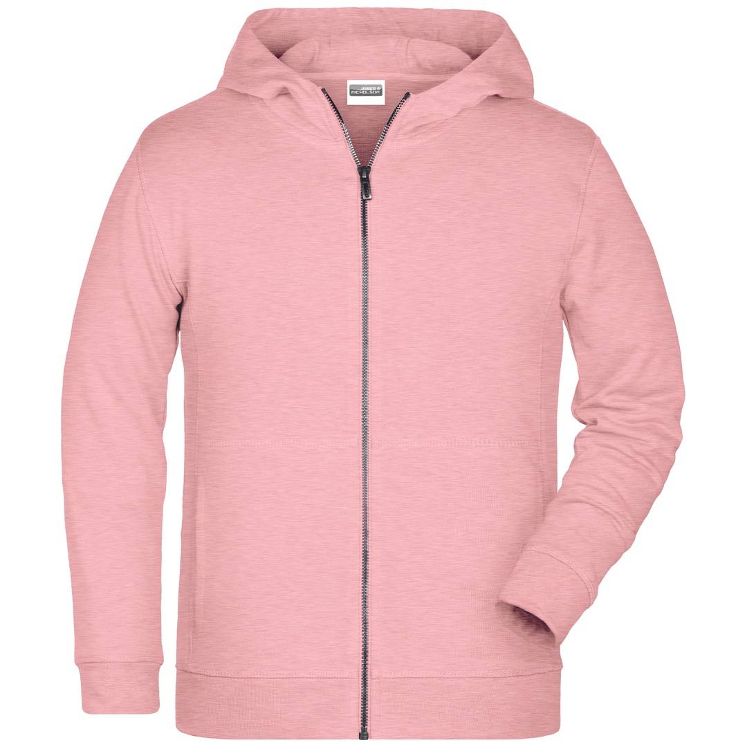 Rosa Sweatshirtjacke mit Kapuze, langen Ärmeln und vorderen Taschen, fotografiert vor einem schlichten weißen Hintergrund.