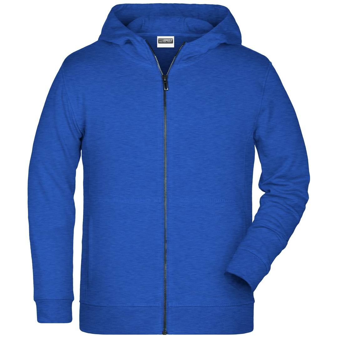 Blauer Reißverschluss-Hoodie mit langen Ärmeln, Vorderansicht auf weißem Hintergrund gezeigt.