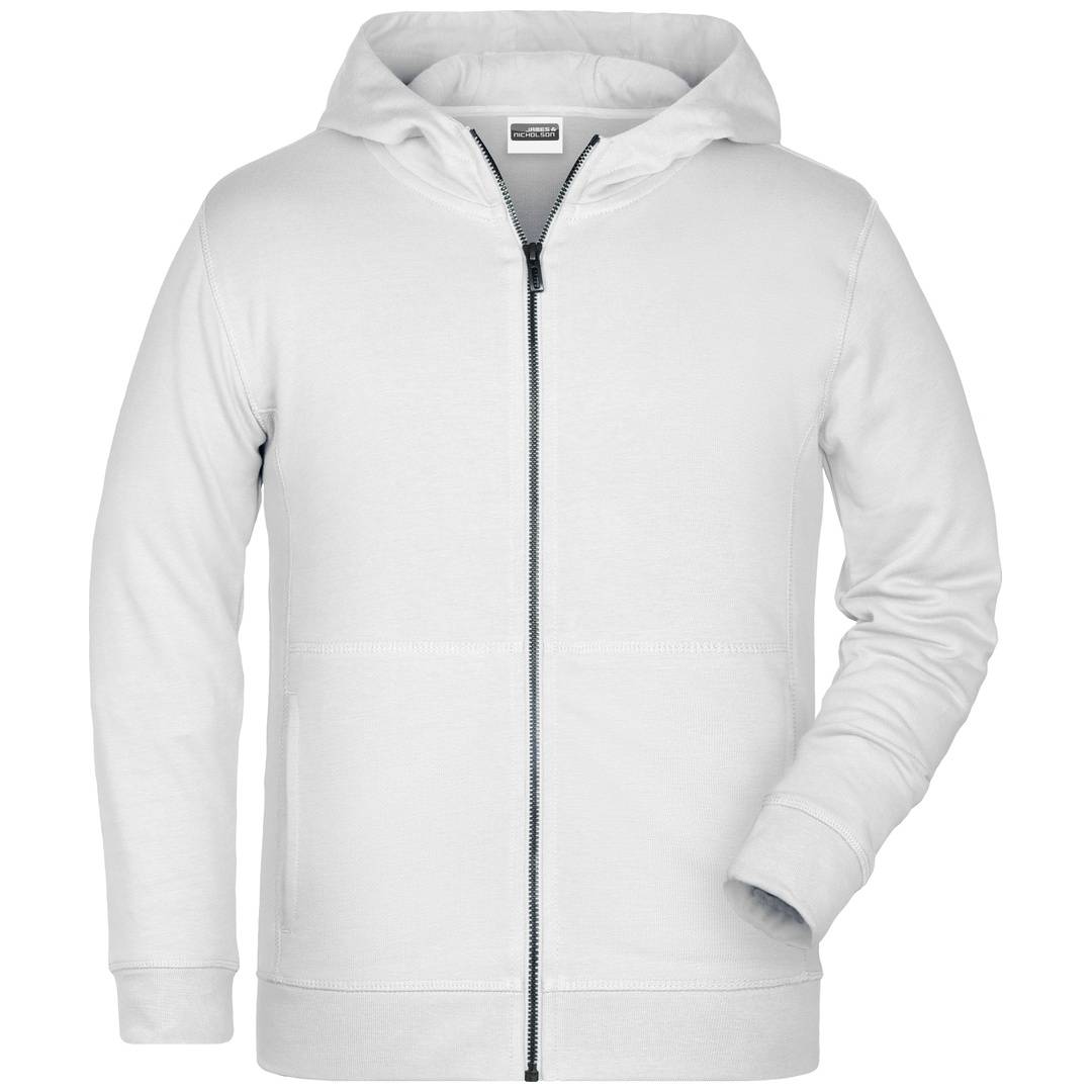 Weißes Kapuzen-Sweatshirt mit Reißverschluss, langen Ärmeln und vorderen Taschen, von vorne auf einfachem Hintergrund gezeigt.