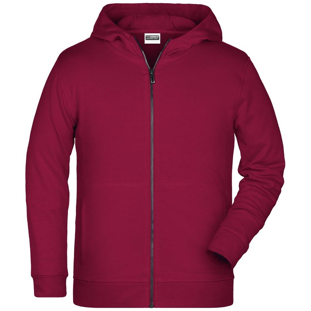 Burgunderrote Kapuzenshirtjacke mit Reißverschluss, Vorderansicht auf einfachem weißem Hintergrund.