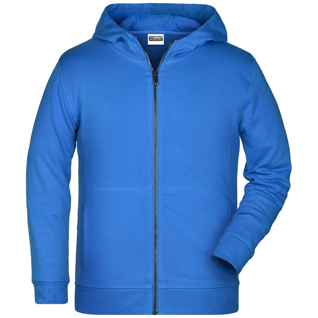 Blauer durchgehend mit Reißverschluss verschließbarer Hoodie mit langen Ärmeln, Vorderansicht auf einfachem weißem Hintergrund dargestellt.