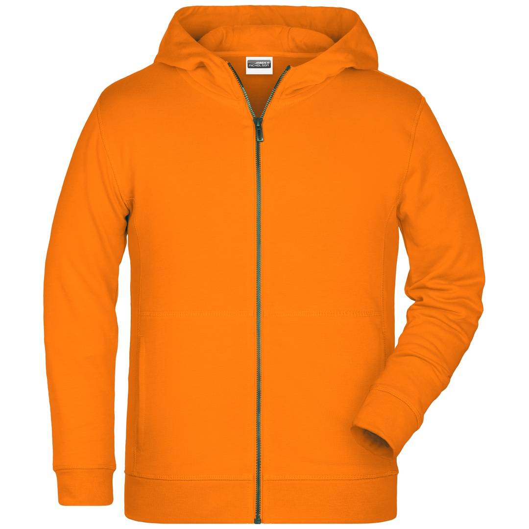 Leuchtend orangefarbener Reißverschluss-Hoodie mit Kapuze und langen Ärmeln, Vorderansicht vor einfachem weißem Hintergrund gezeigt.