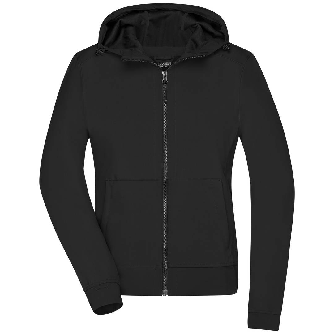 Schwarze Reißverschluss-Kapuzenjacke mit langen Ärmeln und vorderen Taschen, gezeigt auf schlicht weißem Hintergrund.