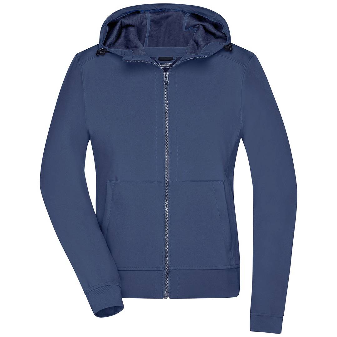 Blaueer Reißverschluss-Kapuzenjacke mit langen Ärmeln, Vordertaschen und einer Kapuze mit Kordelzug auf weißem Hintergrund.