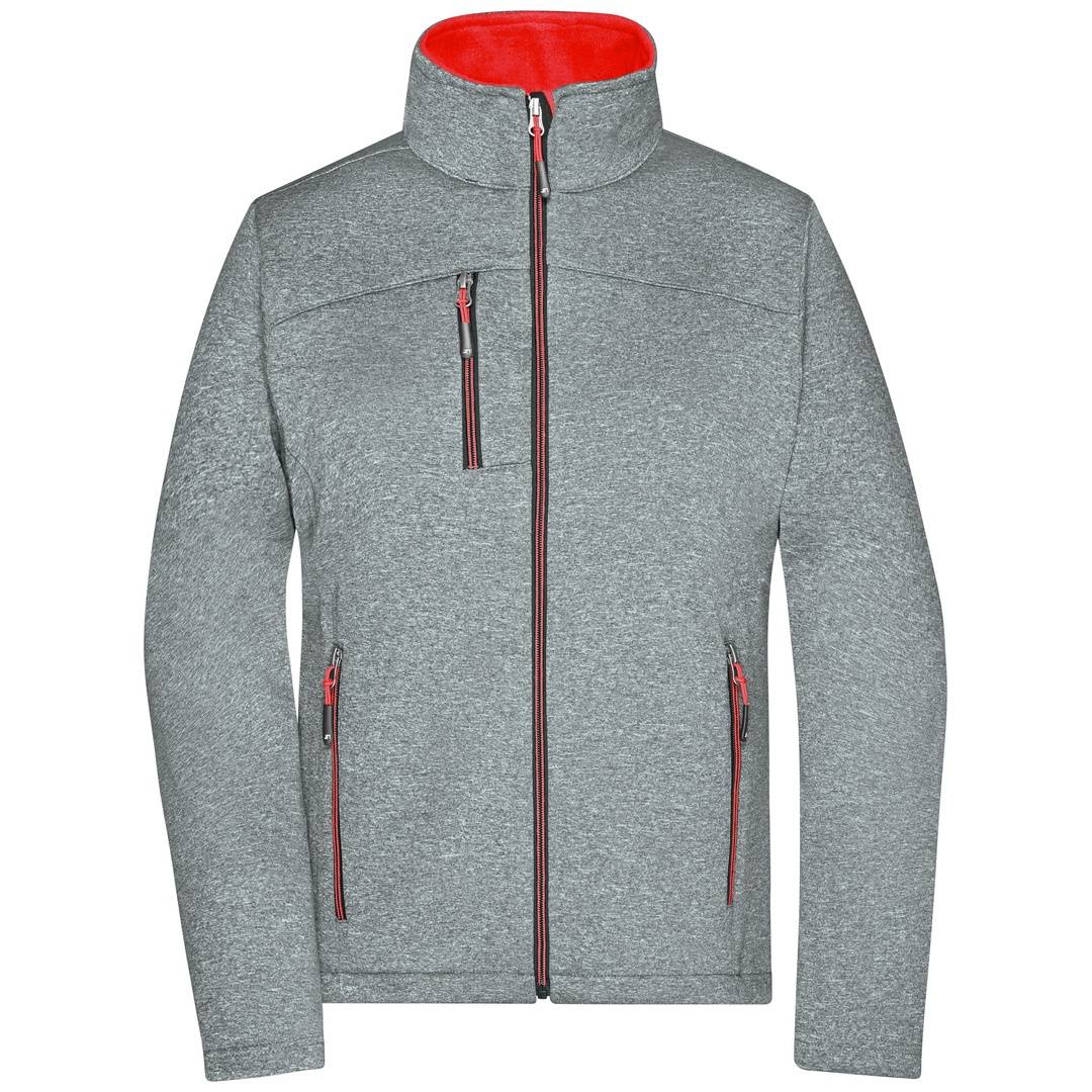 Graue Jacke mit Reißverschluss, rotes Futter, hoher Kragen und drei Taschen mit Reißverschluss.