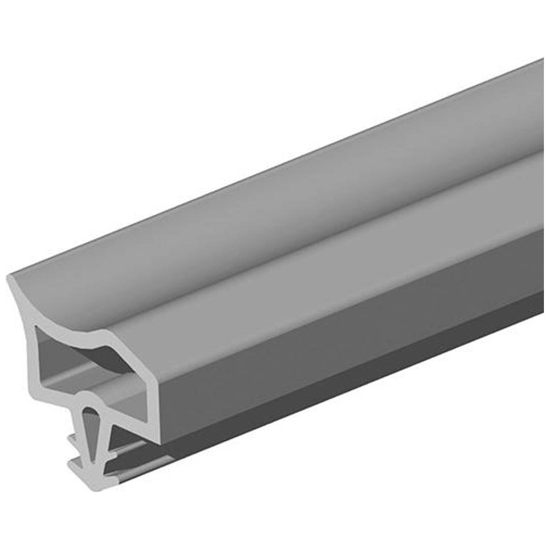 Graues Aluminium-Extrusionsprofil mit U-förmigem oberen Kanal und pfeilförmiger Bodenklemme, in 3D auf weißem Hintergrund dargestellt.