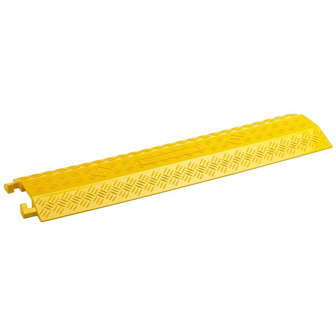 Gelber Gummikabelschutz-Rampe mit strukturierter Oberfläche und verriegelbaren Enden, gezeigt auf weißem Hintergrund.
