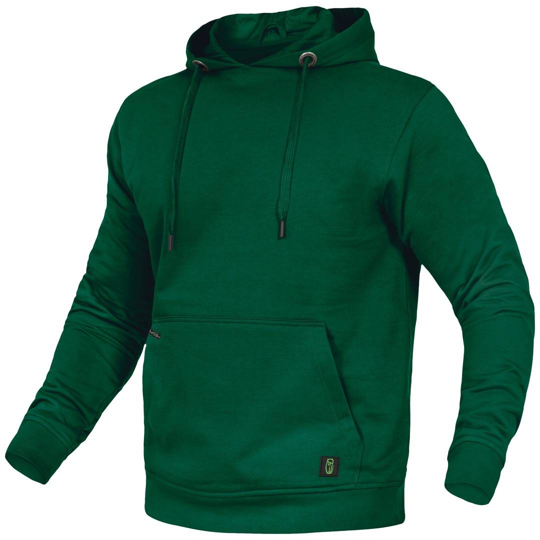 Grüner Kapuzenpullover mit Kordelzügen und vorderer Känguru-Tasche, vor einem einfachen weißen Hintergrund abgebildet.