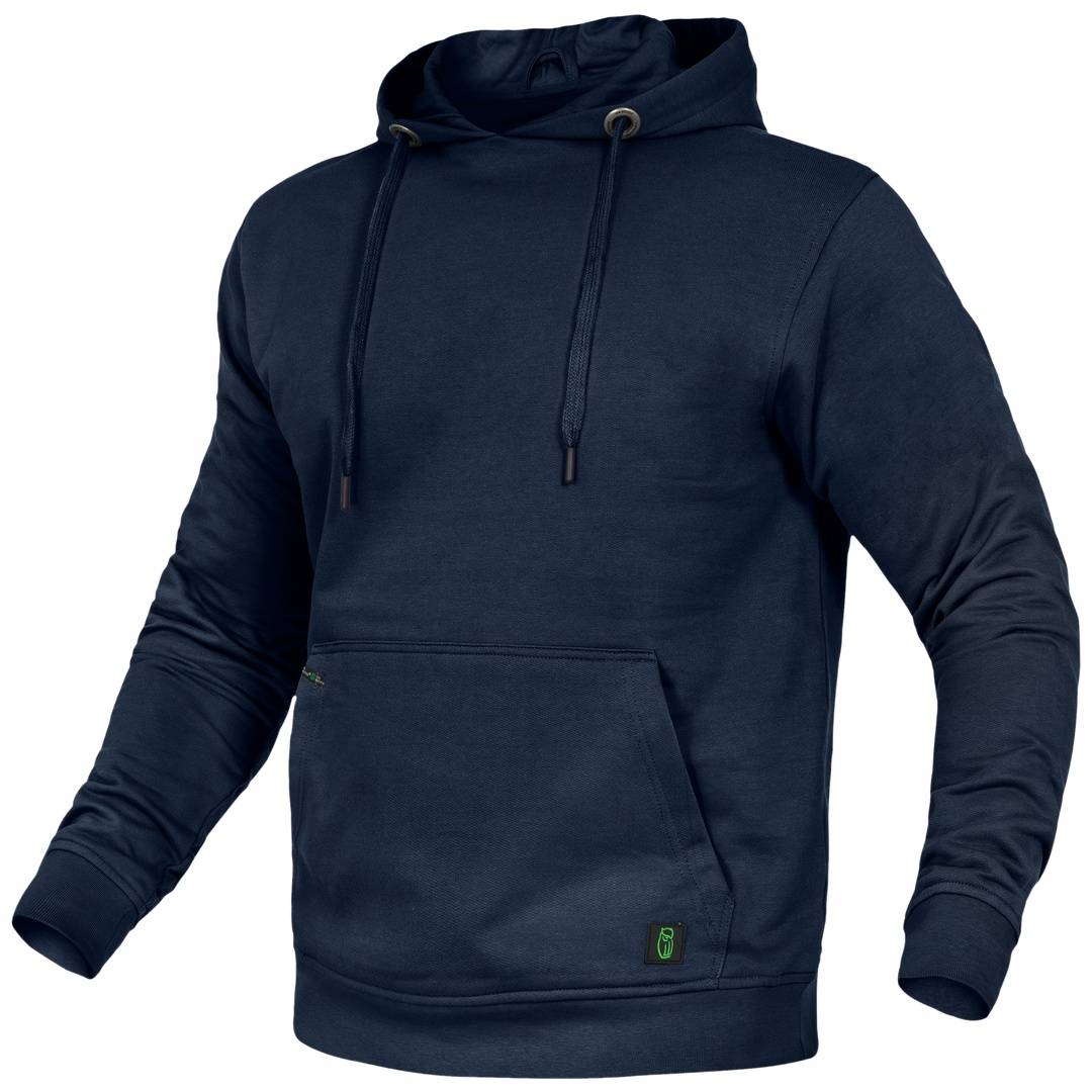 Marineblaues Kapuzenschweatshirt mit Kordelzügen und einer vorderen Känguru-Tasche, gezeigt auf weißem Hintergrund.