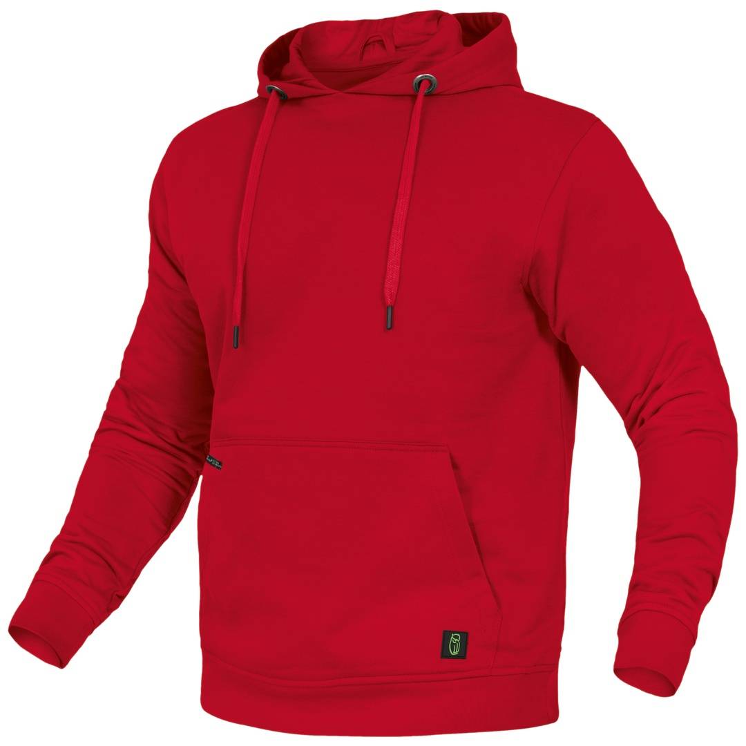 Roter Kapuzenpullover mit Zugschnur-Kapuze und Kängurutasche vorne auf weißem Hintergrund.
